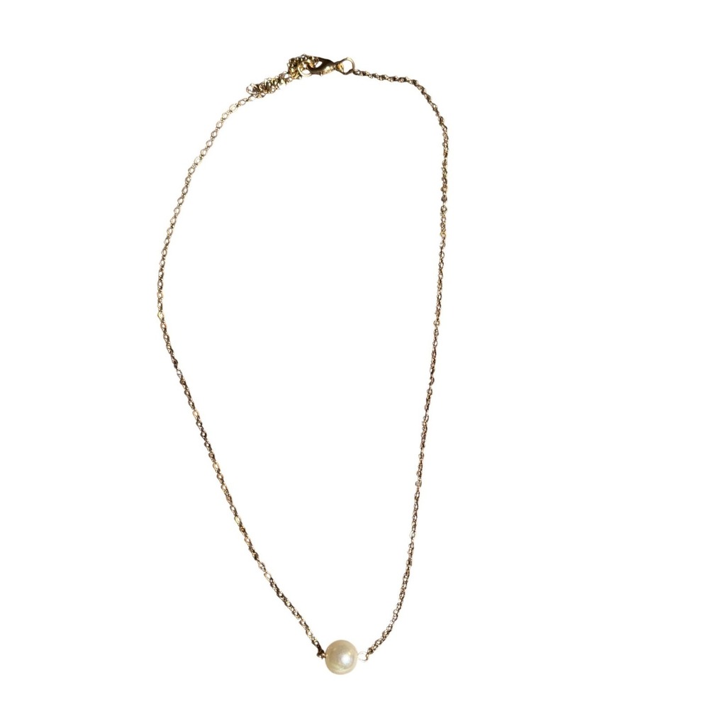 Gold Tone Floating Faux Pearl Solitaire Pendant Necklace Minimalist Dainty 18"